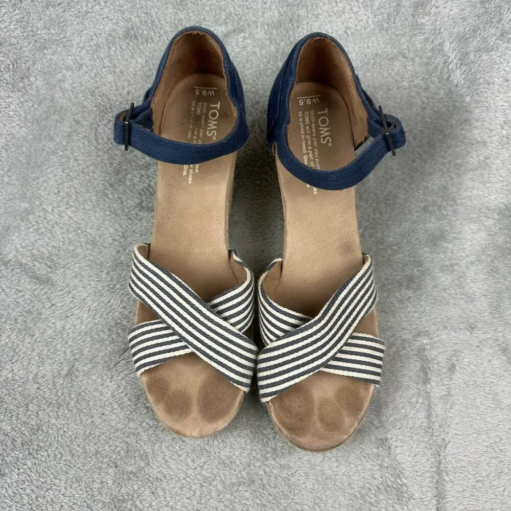 TOMS Wedge Sandals Womens 9.5‎ Navy Blue White Striped Good Espadrille Canvas